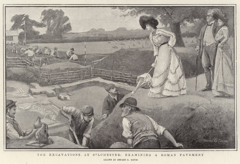 Die Ausgrabungen in Silchester, Untersuchung eines römischen Pflasters, Lithografie von Stuart G. Davis