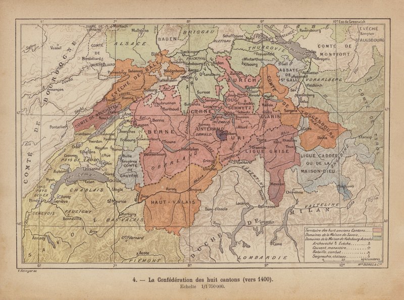 Alte Schweizerische Eidgenossenschaft, ca. 1400 (farbige Gravur) von Swiss School