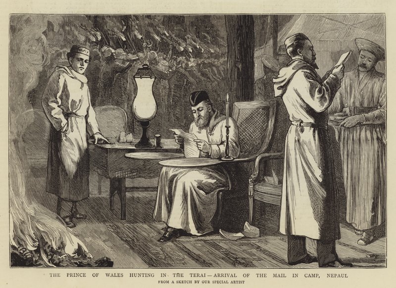 Der Prinz von Wales jagt im Terai, Ankunft der Post im Lager, Nepal von Theodore Blake Wirgman