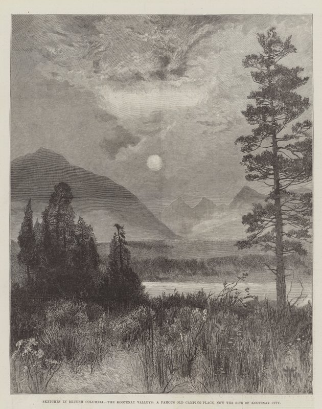 Skizzen in British Columbia, die Kootenay-Täler, ein berühmter alter Campingplatz, jetzt der Standort von Kootenay City von Thomas Moran