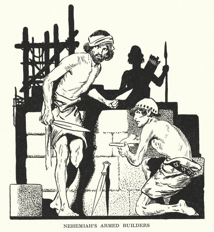 Nehemias bewaffnete Bauleute von Thomas Heath Robinson
