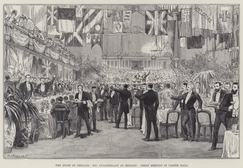 Der Zustand Irlands, Mr Chamberlain in Belfast, große Versammlung in der Ulster Hall von Walter Paget