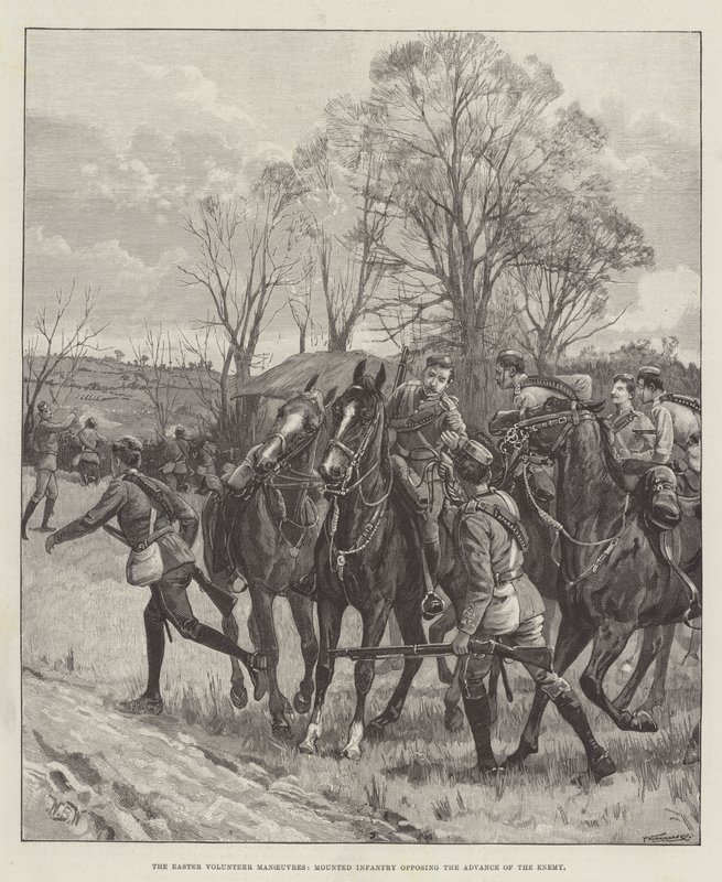 Die Oster-Freiwilligenmanöver, berittene Infanterie, die den Vormarsch des Feindes aufhält von William Barnes Wollen