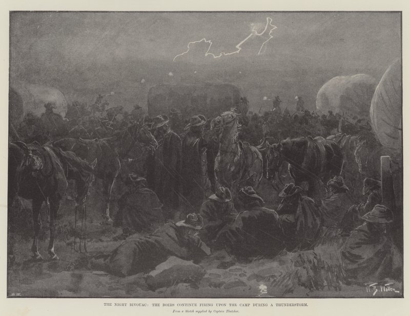 Das Nachtlager, die Buren feuern während eines Gewitters weiter auf das Lager von William Barnes Wollen