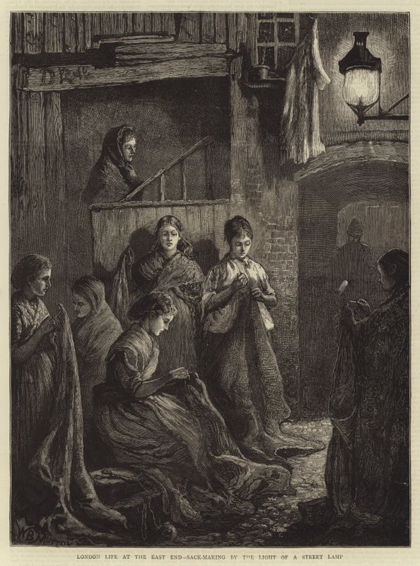 Londoner Leben im East End, Sackherstellung im Licht einer Straßenlaterne von William Bazett Murray