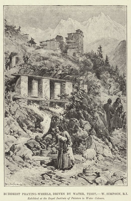 Buddhistische Gebetsmühlen, angetrieben durch Wasser, Tibet von William Crimea Simpson