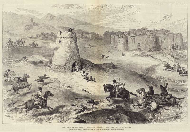Vergangene Tage an der persischen Grenze, ein Turkomanenüberfall, der Turm der Zuflucht von William Crimea Simpson