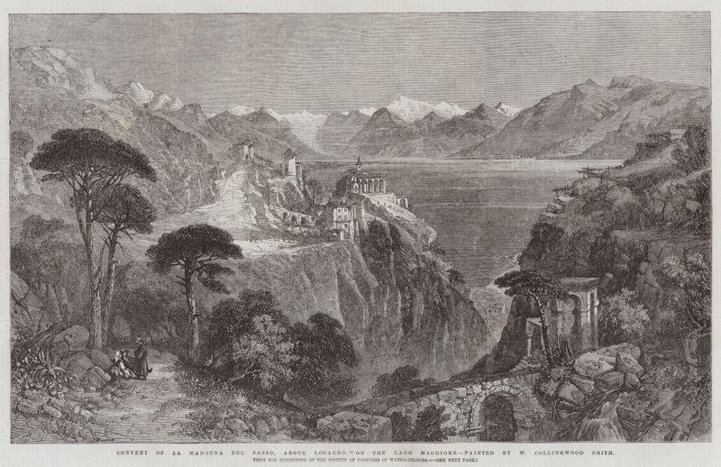 Kloster La Madonna del Sasso, oberhalb von Locarno, am Lago Maggiore, aus der Ausstellung der Society of Painters in Water-Colours von William Harding Collingwood Smith