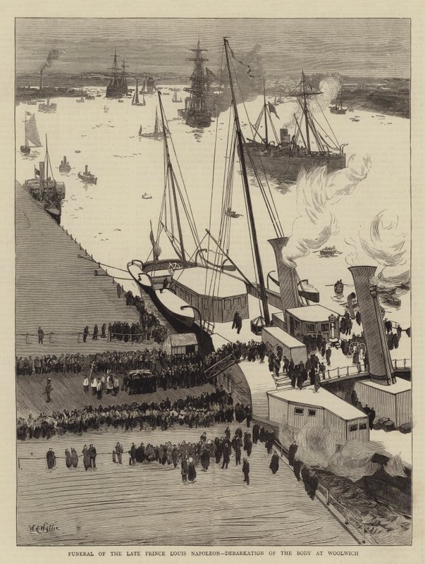 Beerdigung des verstorbenen Prinzen Louis Napoleon, Ausschiffung des Leichnams in Woolwich von William Lionel Wyllie