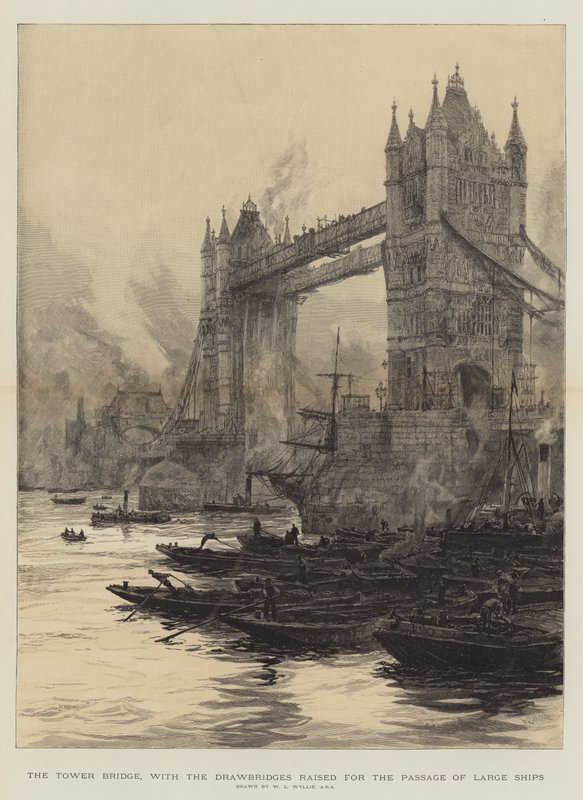 Die Tower Bridge, mit hochgezogenen Brücken für die Durchfahrt großer Schiffe von William Lionel Wyllie
