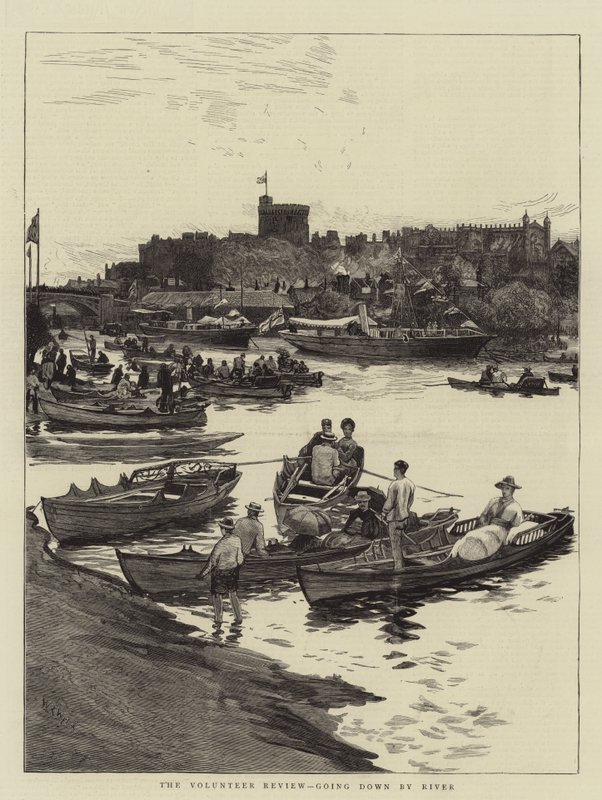 Die Freiwilligenüberprüfung, den Fluss hinunter von William Lionel Wyllie