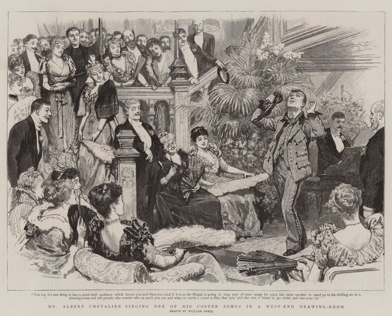 Mr. Albert Chevalier singt eines seiner Coster-Lieder in einem West-End-Zimmer von William Small