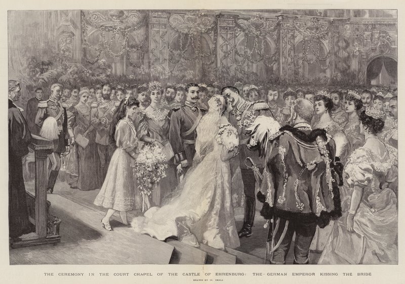 Die Zeremonie in der Hofkapelle des Schlosses Ehrenburg, der deutsche Kaiser küsst die Braut von William Small