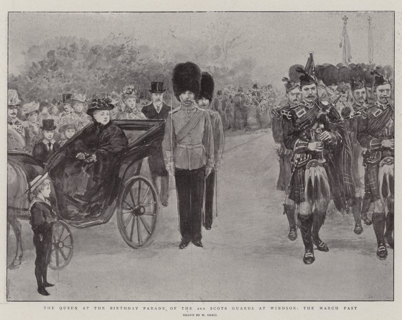 Die Königin bei der Geburtstagsparade der 2. Scots Guards in Windsor, der Vorbeimarsch von William Small