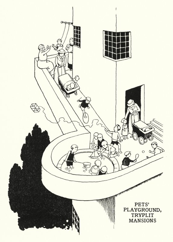 Spielplatz für Haustiere, Tryplit Mansions (Lithografie) von William Heath Robinson