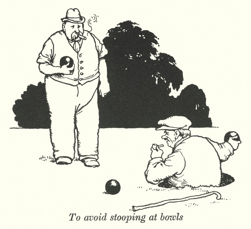Um sich beim Bowlen nicht zu bücken (Lithografie) von William Heath Robinson