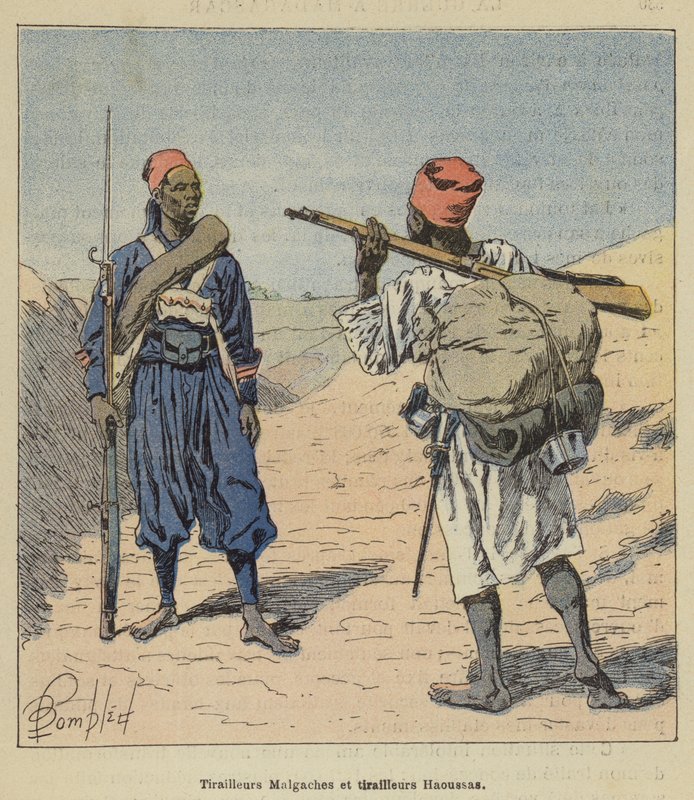 Madagassische Scharfschützen und Haussa-Scharfschützen von after Louis Charles Bombled